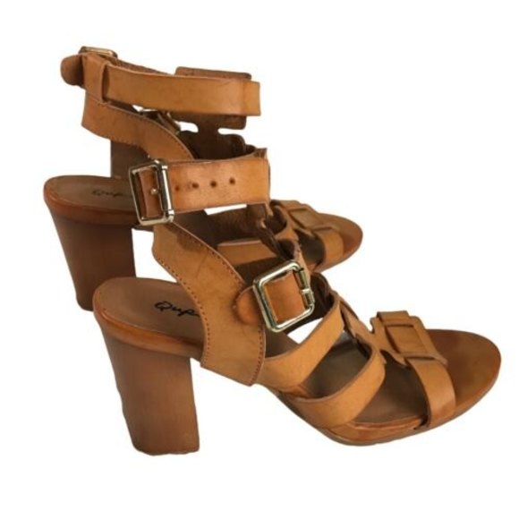 Qupid Faux Leather Multi Strap Block Heel Sandals Camel Size 8 - Picture 2 of 7